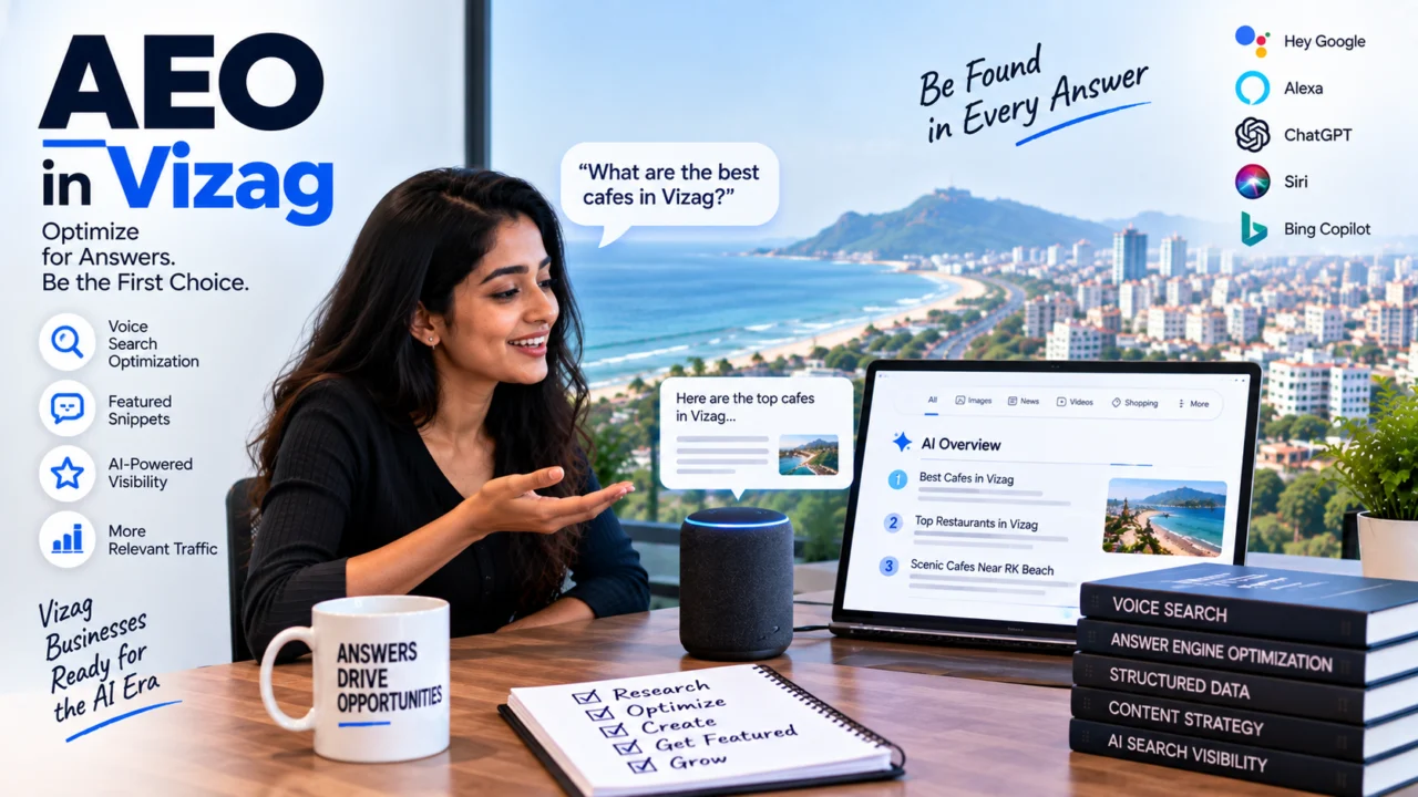 AEO in Vizag 1 AEO in Vizag illustration: a woman asking a smart speaker about the best cafes in Vizag while an AI Overview answer appears on a laptop