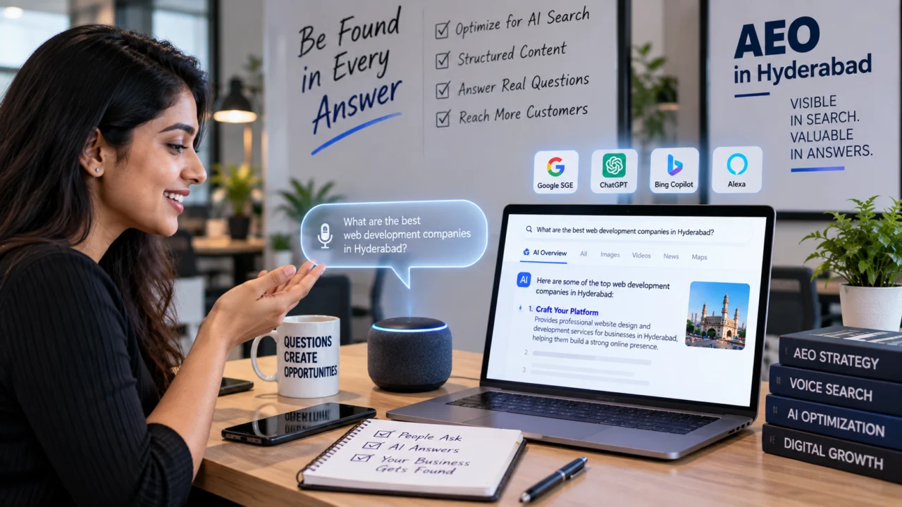 AEO in Hyderabad 2 AEO in Hyderabad illustration: a woman asking a voice assistant a question while an AI answer appears on a laptop