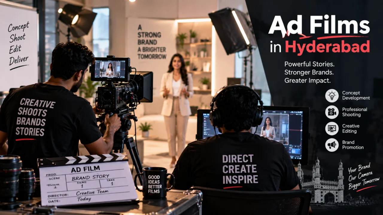 Ad films in Vizag: an ad film shoot with a camera operator filming a presenter while an editor reviews footage beside a clapperboard (graphic text reads Ad Films in Hyderabad)