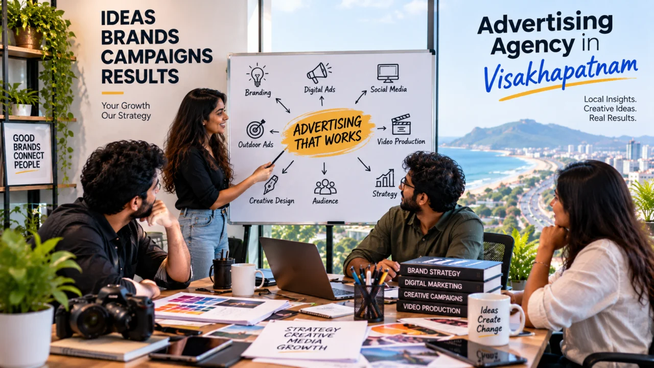 Advertising agency in Visakhapatnam illustration: a team planning branding, digital, social, outdoor and video campaigns on a whiteboard