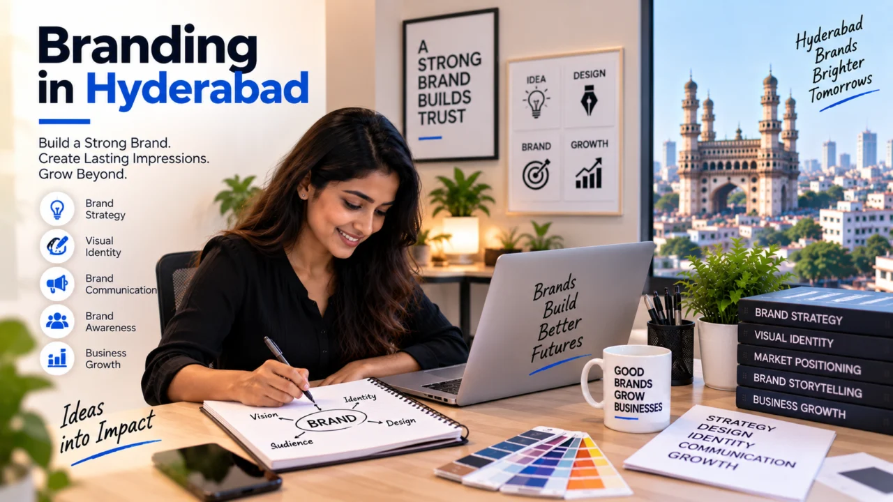 Branding in Hyderabad illustration: a designer sketching a brand identity with colour swatches at a desk, with the Charminar skyline behind