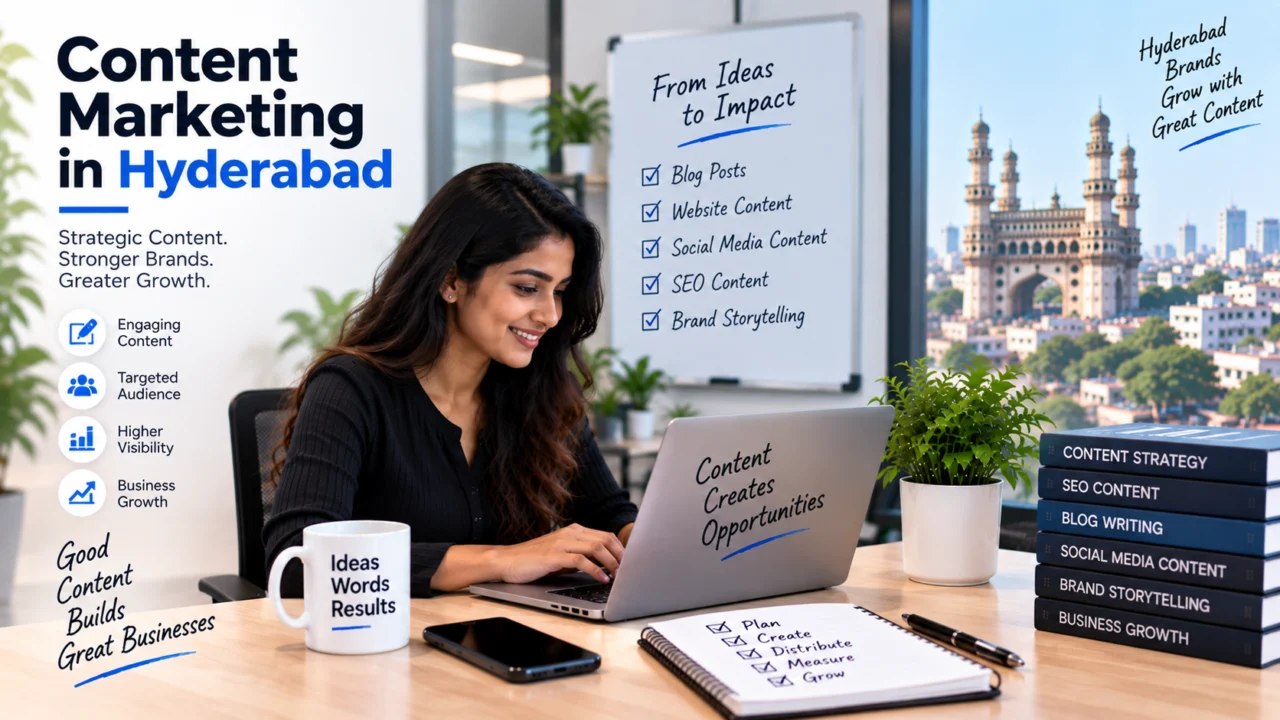 Content marketing in Hyderabad illustration: a writer at a laptop beside a whiteboard of content ideas, with the Charminar skyline behind
