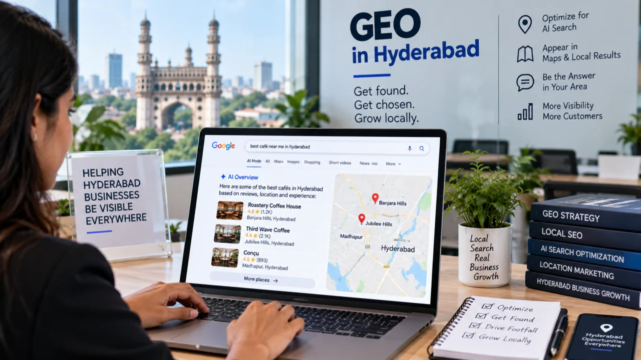 GEO in Hyderabad 2 GEO in Hyderabad illustration: a woman searching for local businesses on a laptop showing a map and listings, with the Charminar behind