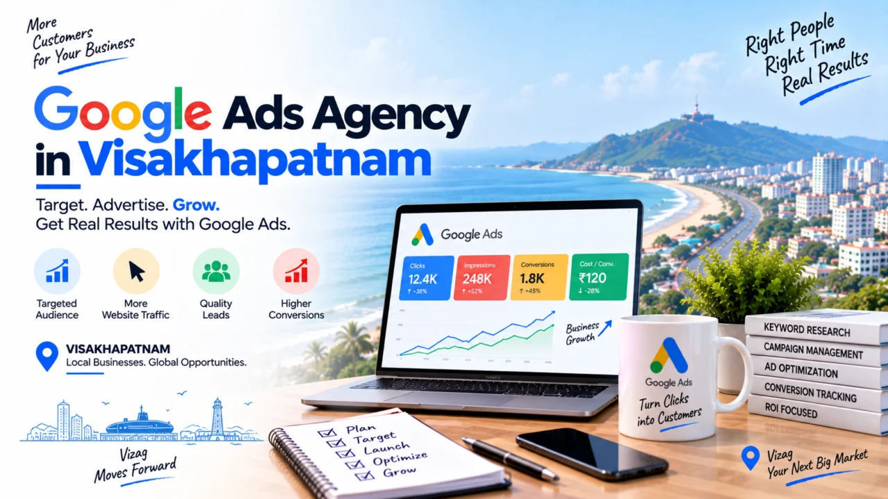 Google Ads Agency in Visakhapatnam 1 Google Ads agency in Visakhapatnam: illustration of a laptop showing a sample Google Ads dashboard beside the Visakhapatnam coastline