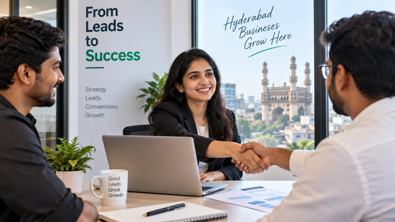 Lead generation in Hyderabad illustration: a client and a consultant shaking hands at a meeting table, with the Charminar skyline behind
