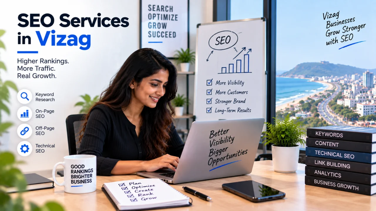 SEO services in Vizag illustration: a marketer at a laptop beside a whiteboard chart of growing search visibility