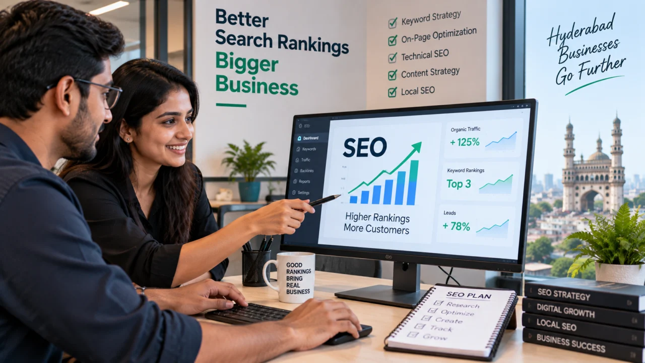 SEO services in Hyderabad illustration: two colleagues reviewing a rising search rankings chart on a monitor beside an SEO checklist