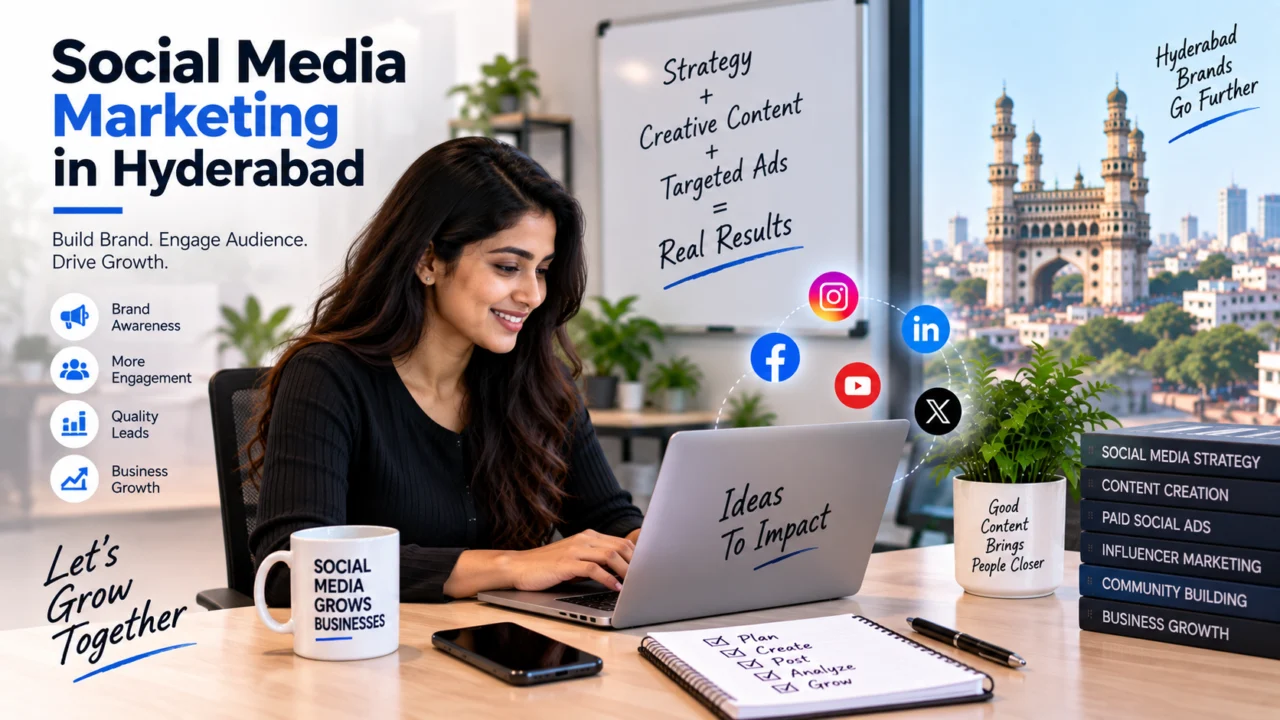 Social media marketing in Hyderabad illustration: a social media manager at a laptop with Instagram, Facebook, LinkedIn, YouTube and X icons