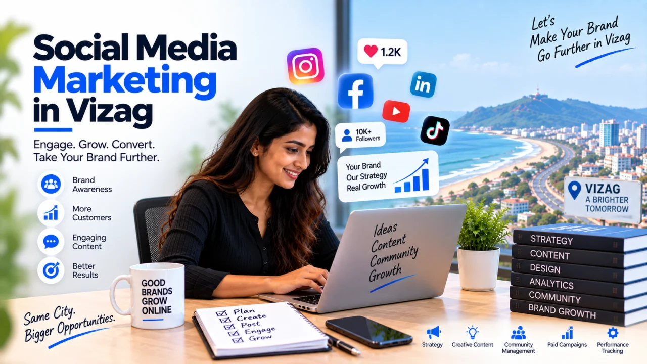 Social Media Marketing in Visakhapatnam 1 Social media marketing in Visakhapatnam: illustration of a marketer at a laptop surrounded by social media app icons, with the Visakhapatnam coastline behind