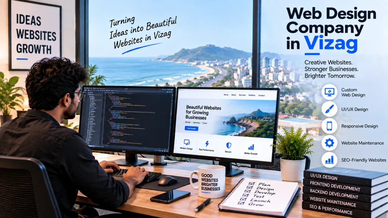 Web design company in Vizag illustration: a developer reviewing a website build across two monitors, with the Visakhapatnam coastline in the background