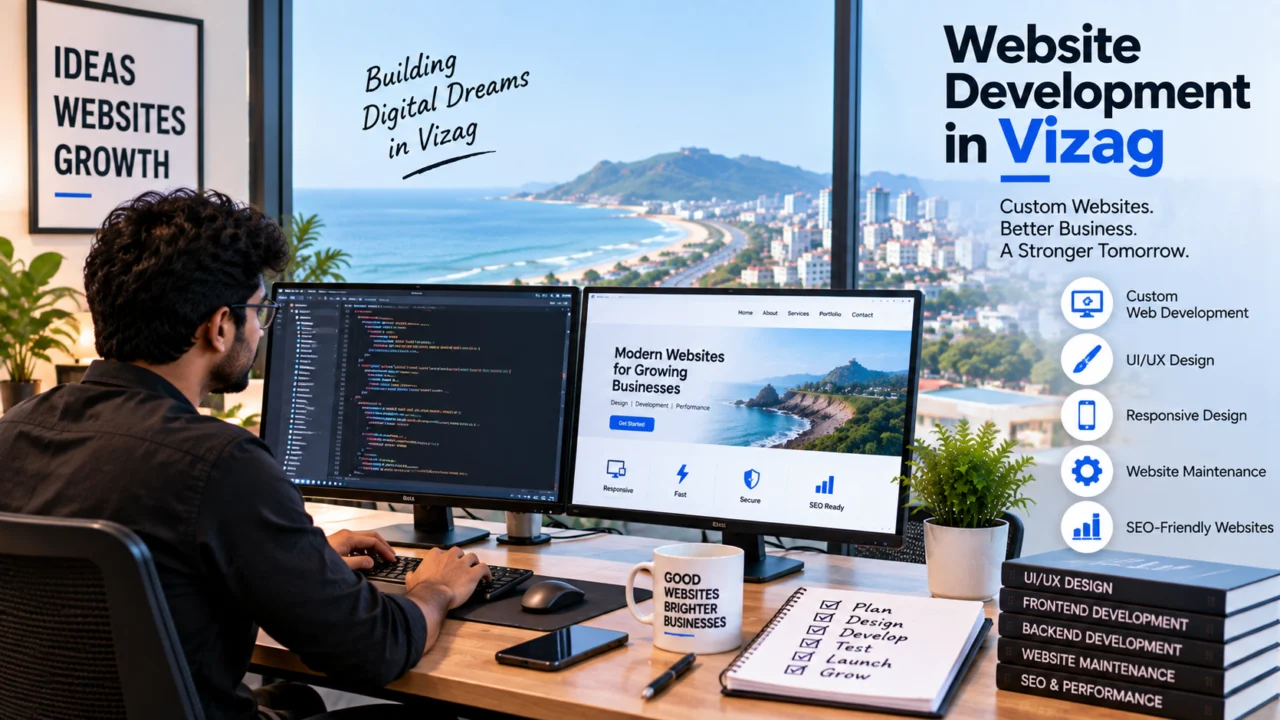 Website development in Vizag illustration: a developer building a responsive website on two monitors beside a plan, design, develop, test and launch checklist