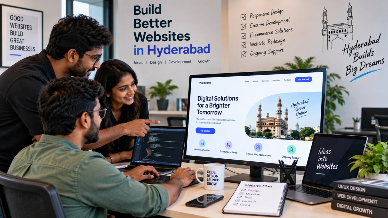 Website Development in Hyderabad 2 Website development in Hyderabad illustration: three web developers reviewing a website design on a large monitor