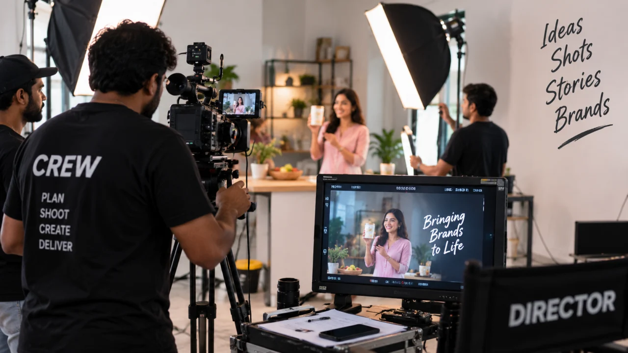 Ad film makers in Hyderabad illustration: a film crew shooting an advert on a studio set with lights, a camera and a director monitor