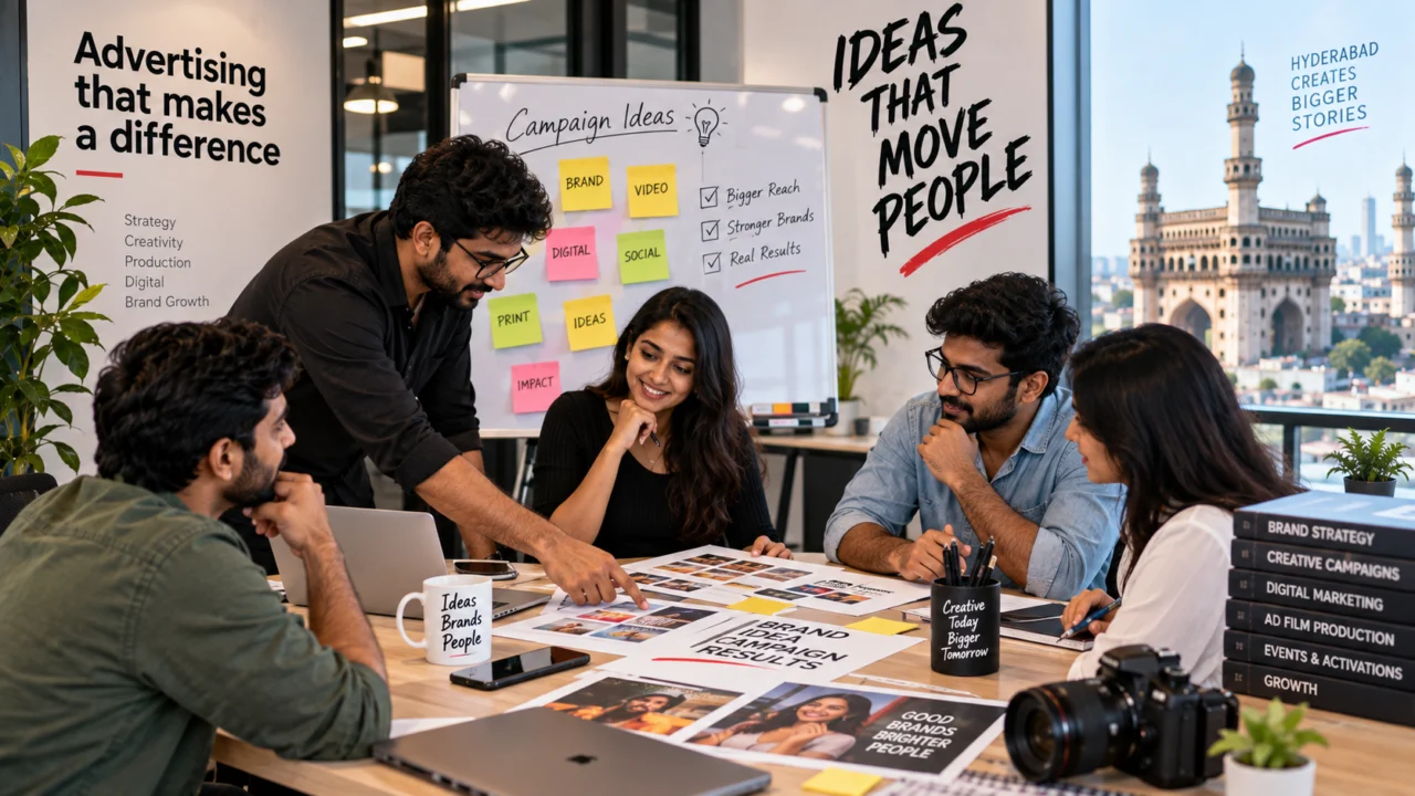 Advertising agency in Hyderabad illustration: a creative team planning campaign ideas with sticky notes and print samples around a table