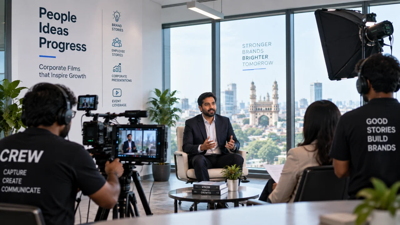 Corporate video makers in Hyderabad illustration: a crew filming a business interview in an office, with the Charminar skyline in the window