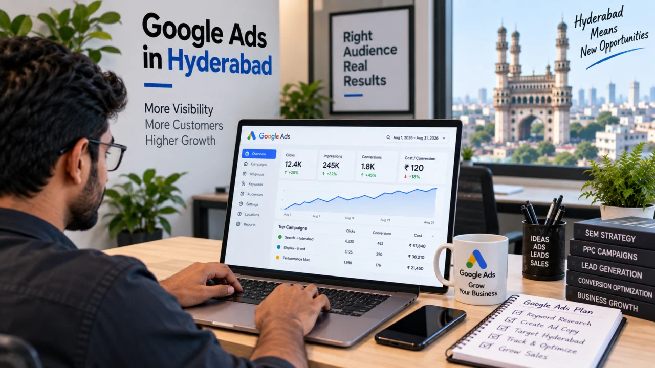 Google Ads services in Hyderabad illustration: a marketer reviewing a Google Ads dashboard on a laptop, with the Charminar skyline behind