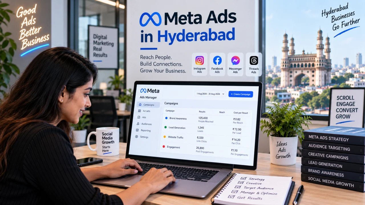 Meta ads services in Hyderabad illustration: a marketer using Meta Ads Manager on a laptop, with Facebook and Instagram icons and the Charminar behind