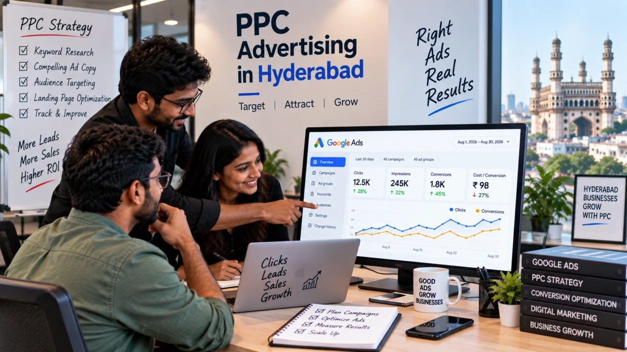 PPC advertising in Hyderabad illustration: a team reviewing campaign results on a Google Ads dashboard beside a PPC strategy checklist