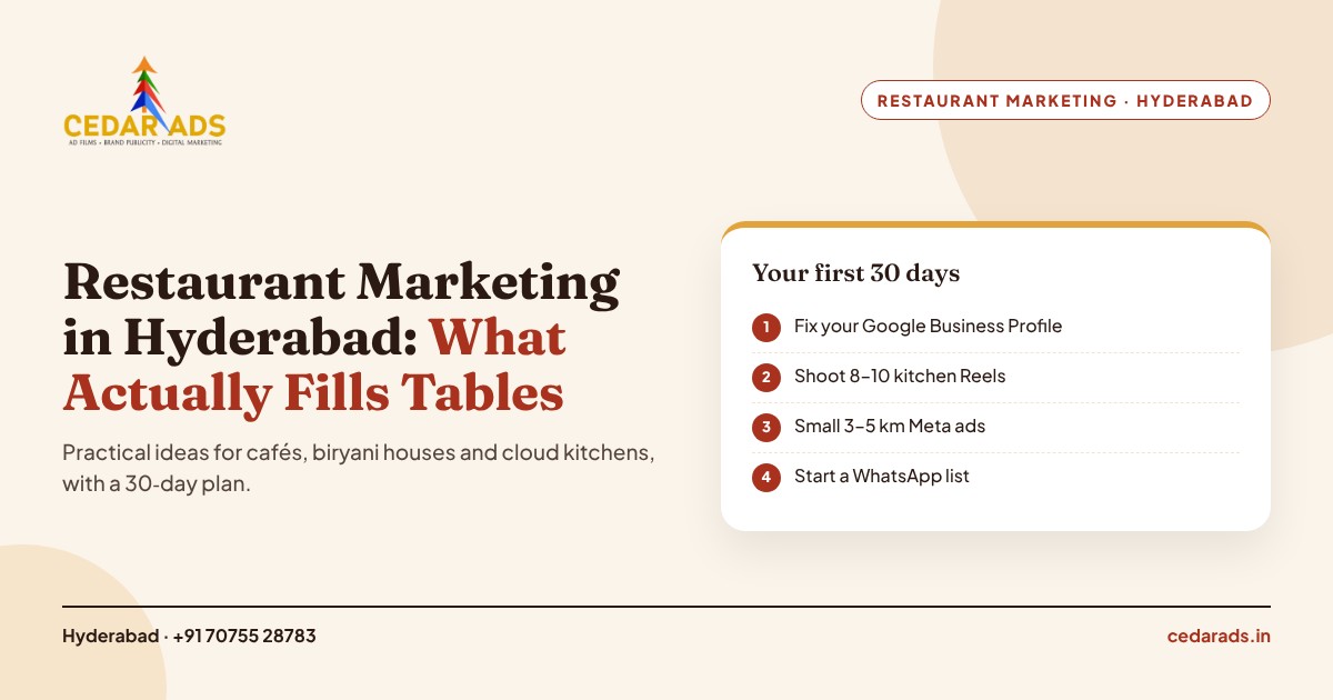 Restaurant marketing ideas for Hyderabad restaurants with a 30-day plan checklist, Cedar Ads